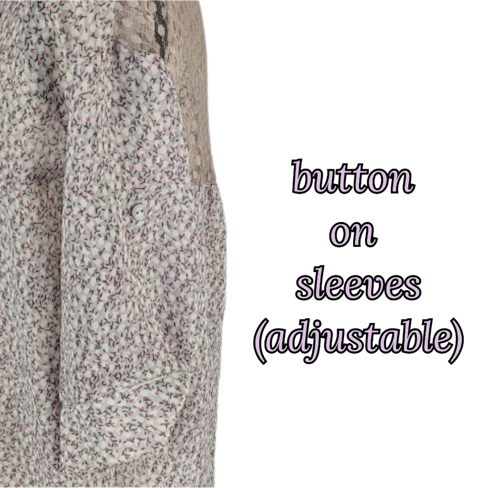 Rose Print Mesh Back Blouse in Lavender amd Light Muted Gray, Size S - Picture 4 of 6